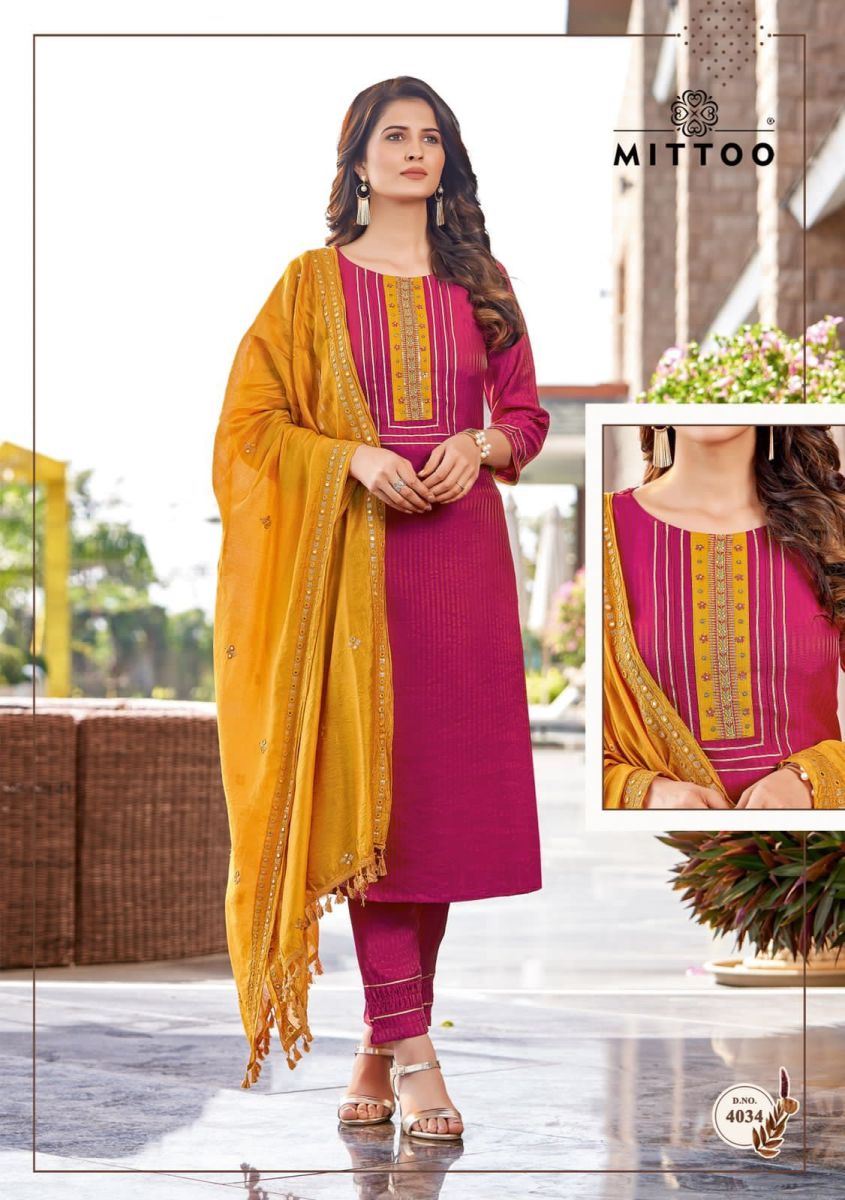 Mittoo Kohinoor Viscose Silk Embroidery Kurti Pant With Dupatta Set Wholesaler Surat