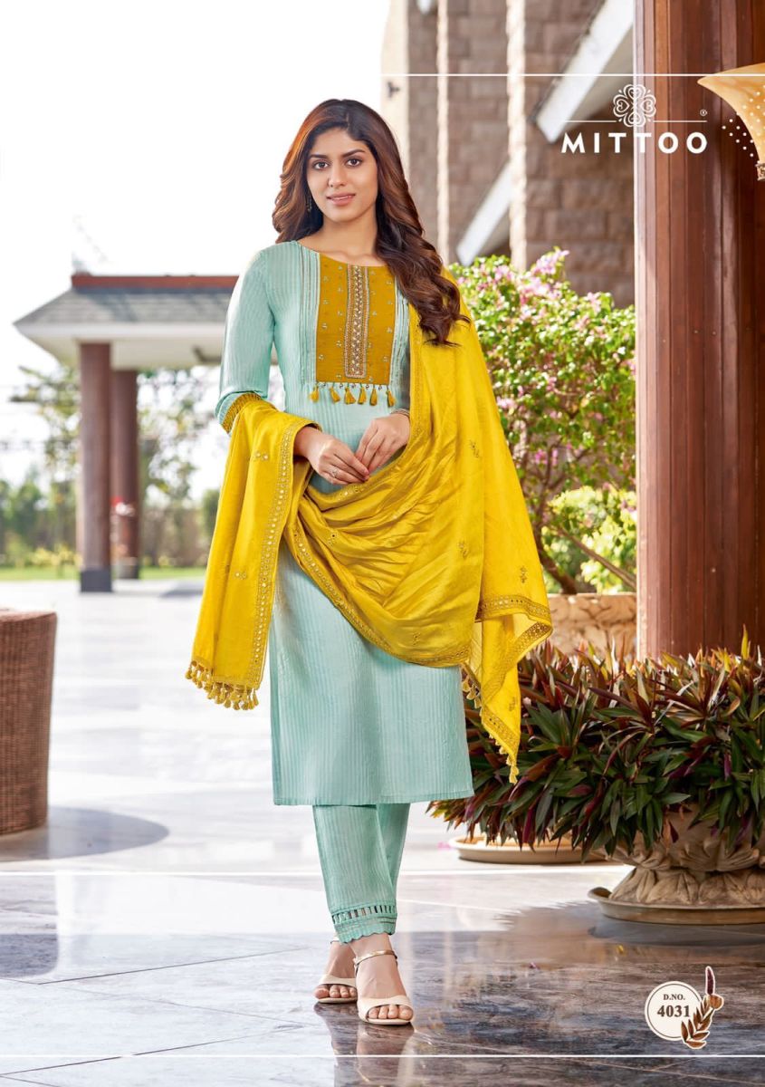 Mittoo Kohinoor Viscose Silk Embroidery Kurti Pant With Dupatta Set Wholesaler Surat