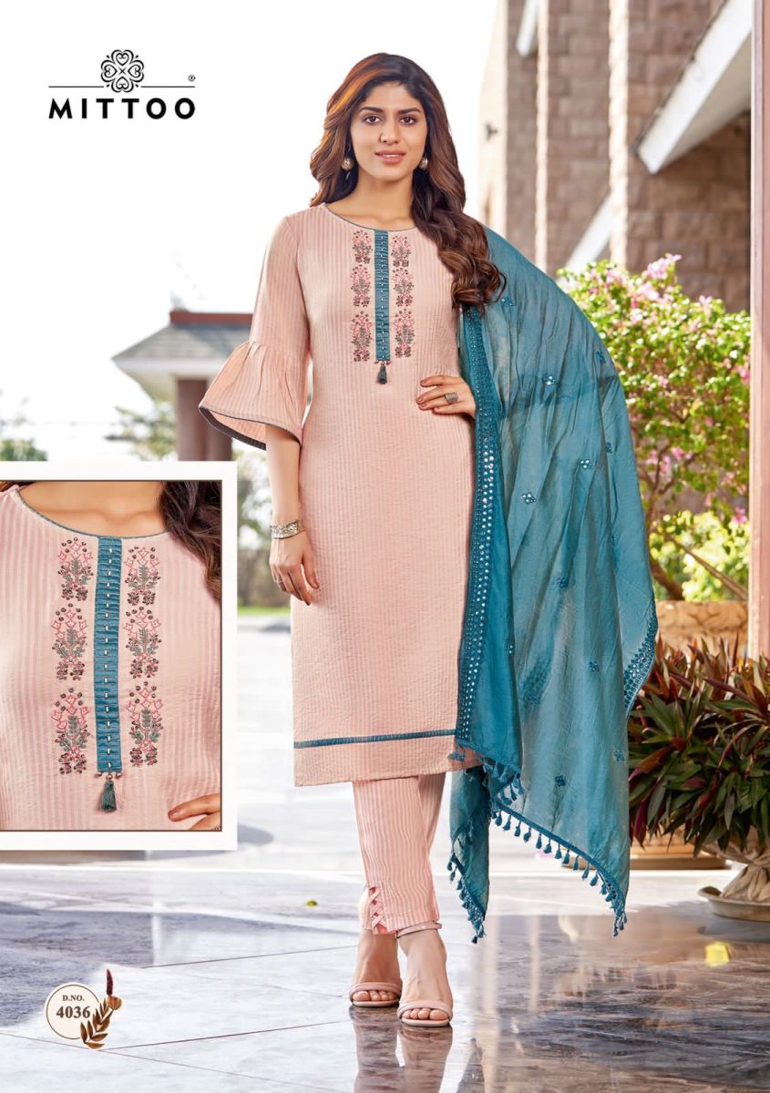 Mittoo Kohinoor Viscose Silk Embroidery Kurti Pant With Dupatta Set Wholesaler Surat