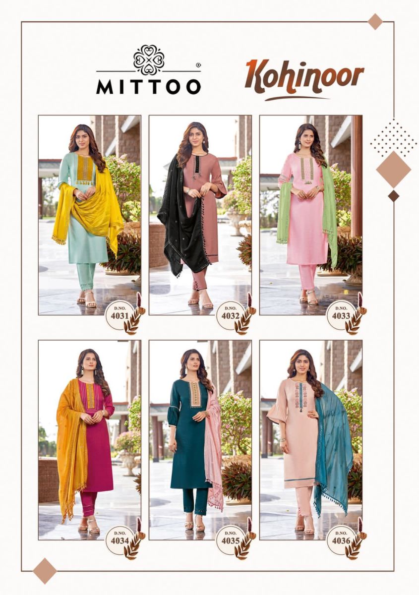 Mittoo Kohinoor Viscose Silk Embroidery Kurti Pant With Dupatta Set Wholesaler Surat