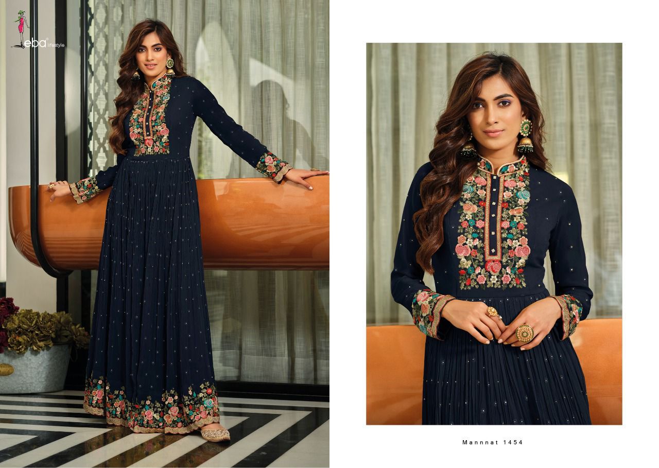 Eba Lifestyle Mannat Georgette Embroidery Designer Gown With Dupatta Set Wholesaler Surat