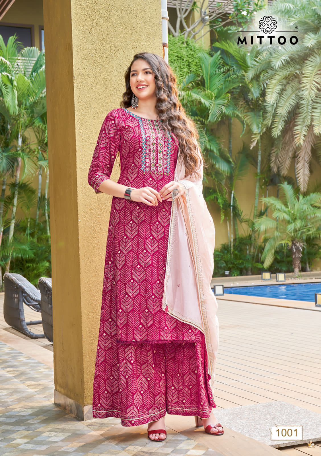 Mittoo Naira Rayon With Designer Print Kurtis Plazzo And Dupatta Wholesaler Surat