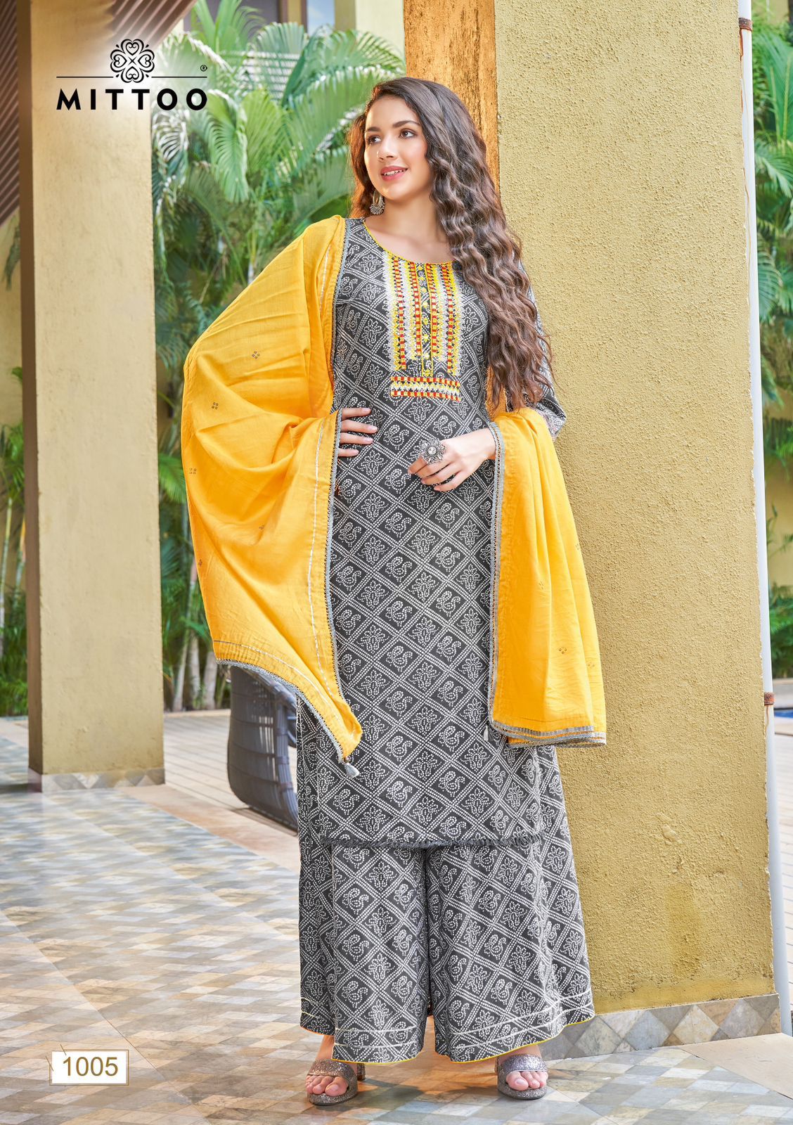 Mittoo Naira Rayon With Designer Print Kurtis Plazzo And Dupatta Wholesaler Surat