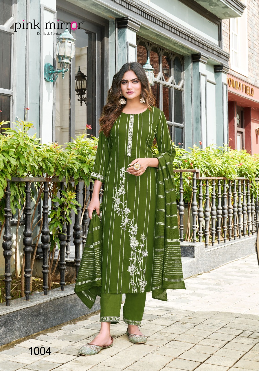 Pink Mirror Radical Viscose With Embroidery Kurtis Bottom And Dupatta Set Wholesaler Surat