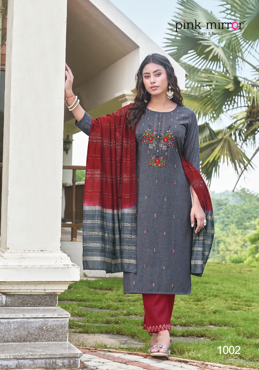Pink Mirror Roseberry Viscose Fancy Designer Kurtis Bottom And Dupatta Set Wholesaler Surat