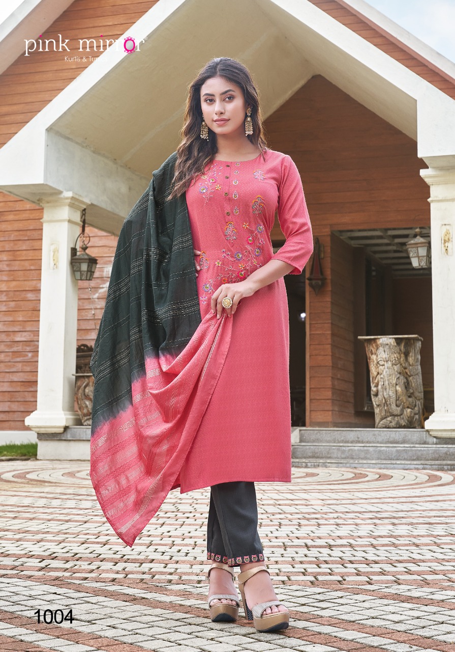 Pink Mirror Roseberry Viscose Fancy Designer Kurtis Bottom And Dupatta Set Wholesaler Surat