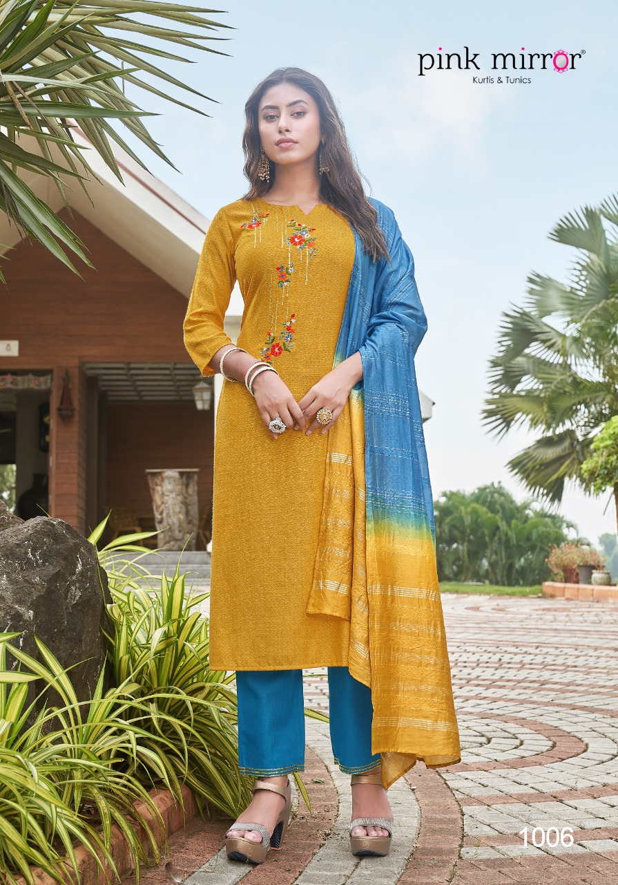 Pink Mirror Roseberry Viscose Fancy Designer Kurtis Bottom And Dupatta Set Wholesaler Surat