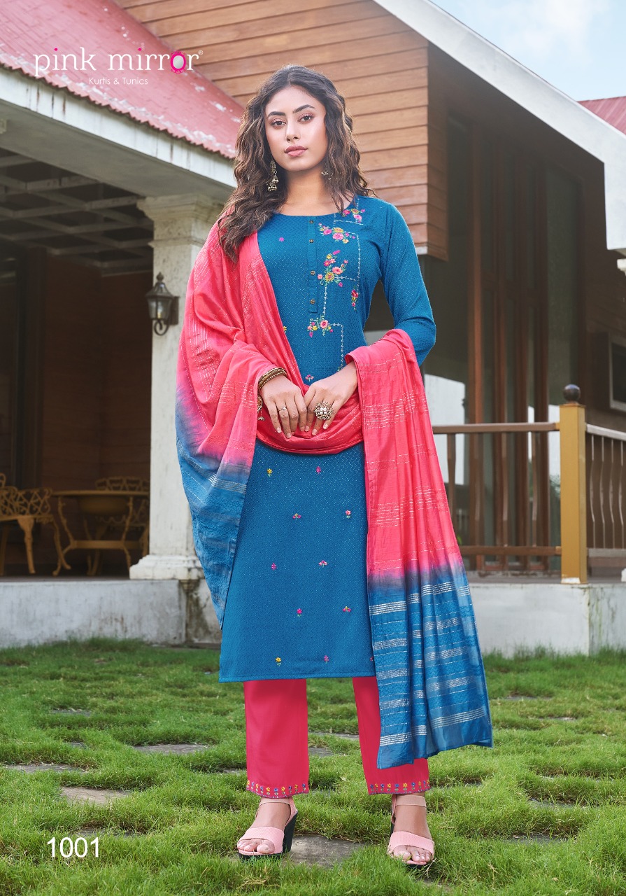Pink Mirror Roseberry Viscose Fancy Designer Kurtis Bottom And Dupatta Set Wholesaler Surat
