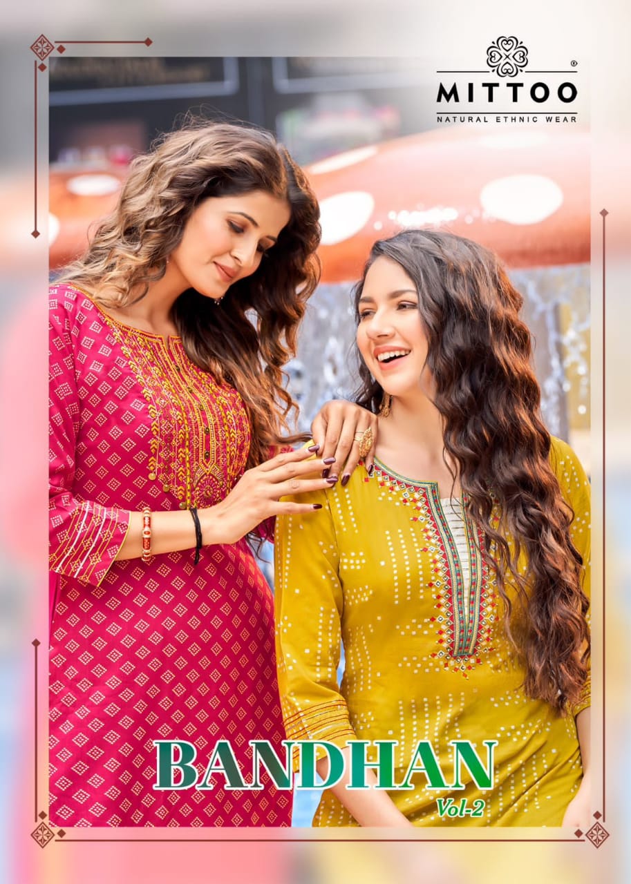Mittoo Bandhan Vol 2 Rayon Print With Fancy Hand Work Kurtis Wholesaler Surat