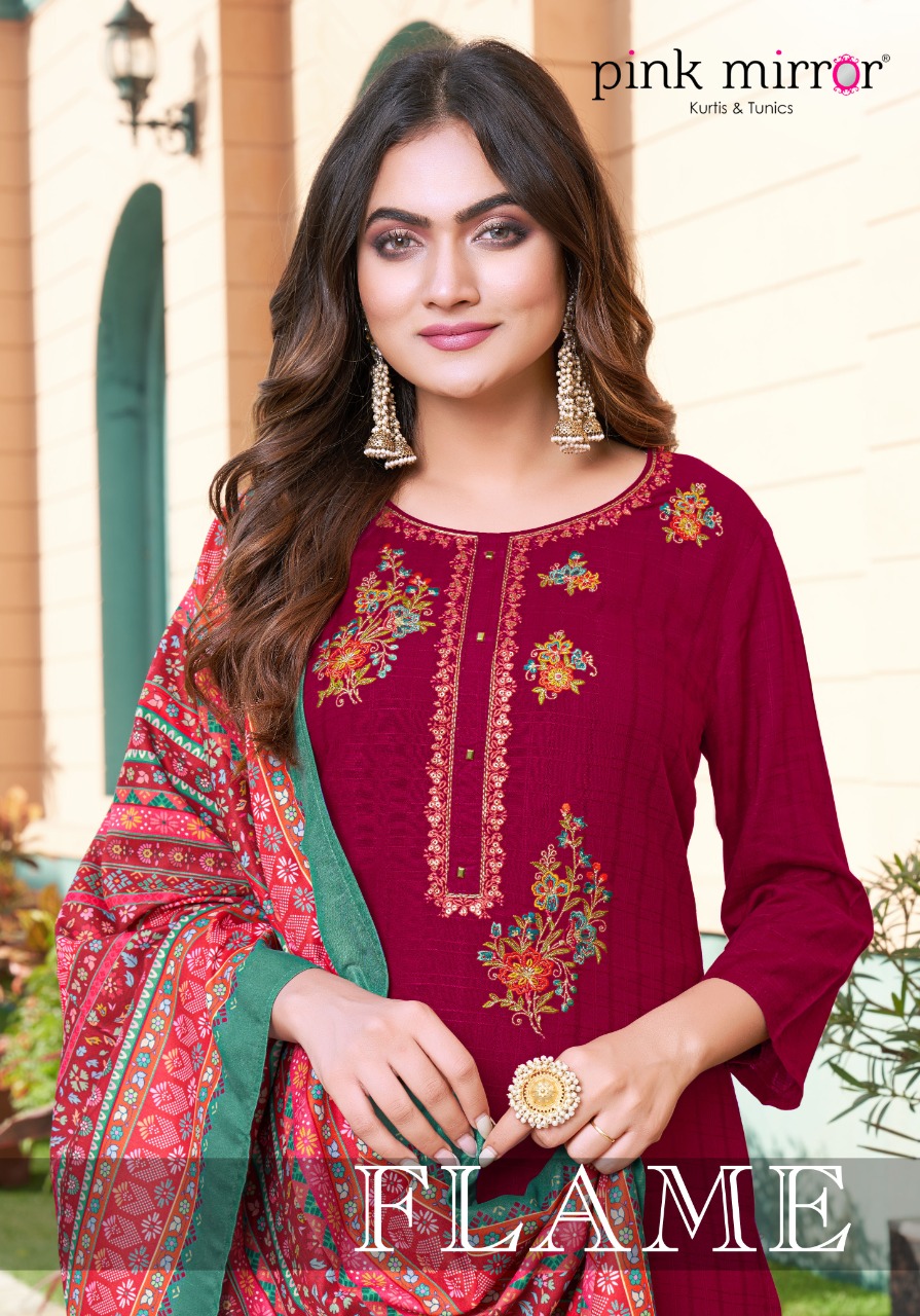 Pink Mirror Flame Viscose Embroidery Kurti With Bottom & Dupatta Set Wholesaler Surat