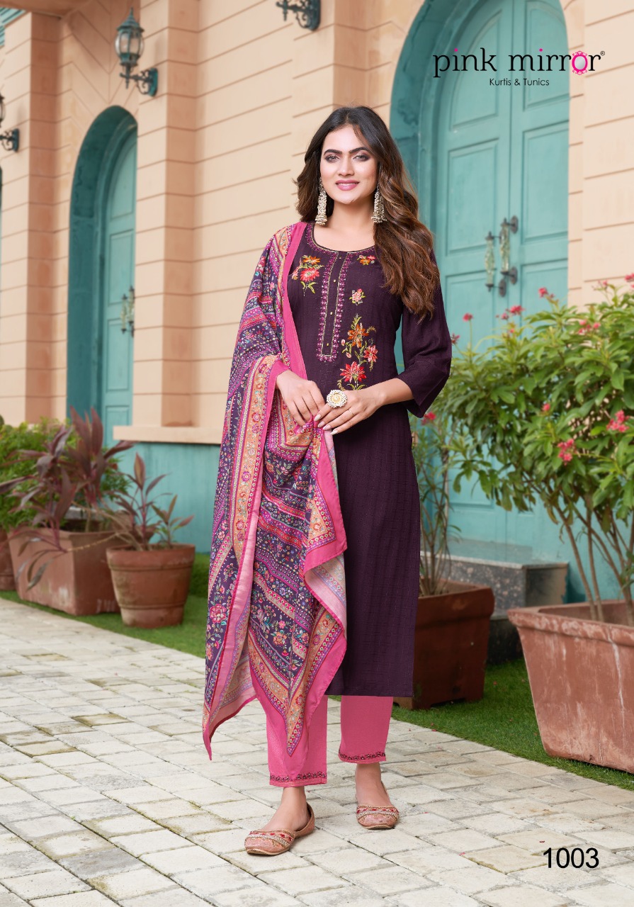 Pink Mirror Flame Viscose Embroidery Kurti With Bottom & Dupatta Set Wholesaler Surat