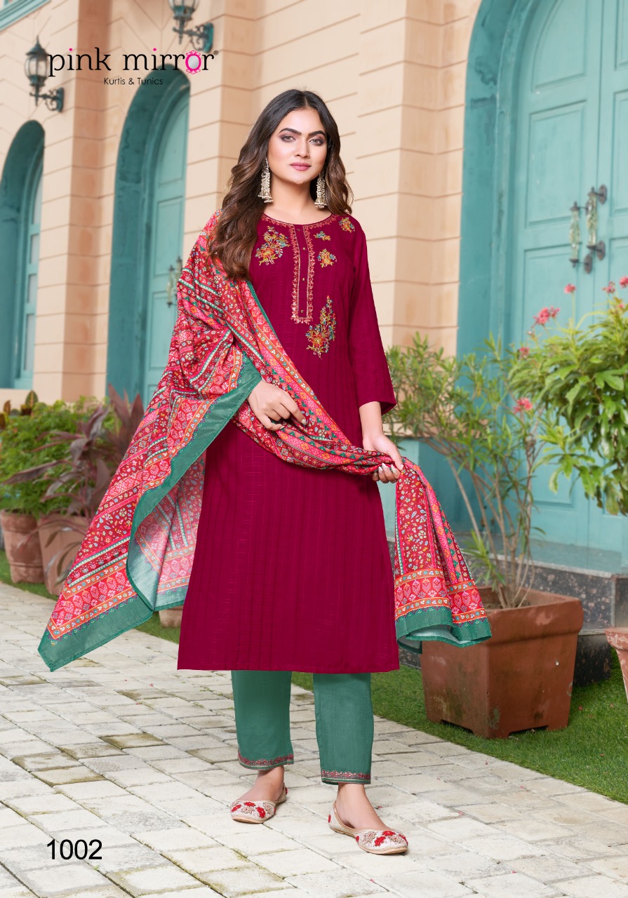 Pink Mirror Flame Viscose Embroidery Kurti With Bottom & Dupatta Set Wholesaler Surat