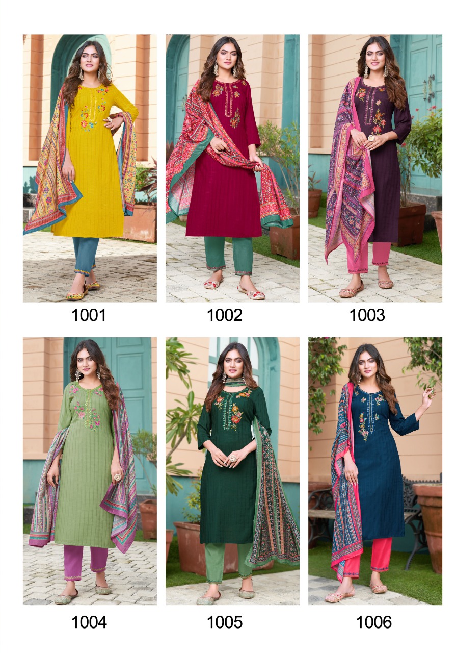 Pink Mirror Flame Viscose Embroidery Kurti With Bottom & Dupatta Set Wholesaler Surat