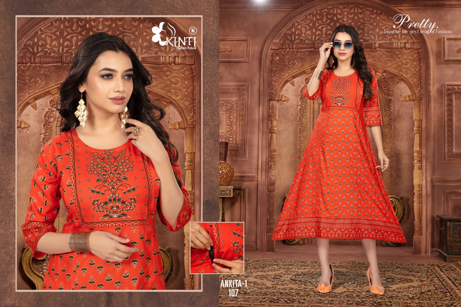 Kinti Ankita Rayon Foil Printed Feeding Pattern Kurtis Wholesaler Surat
