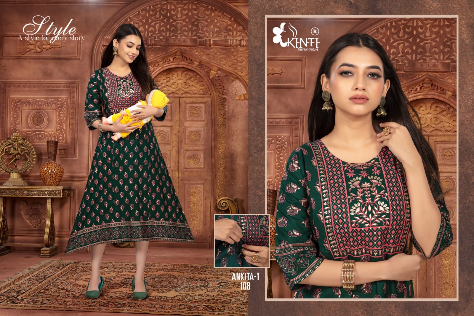 Kinti Ankita Rayon Foil Printed Feeding Pattern Kurtis Wholesaler Surat
