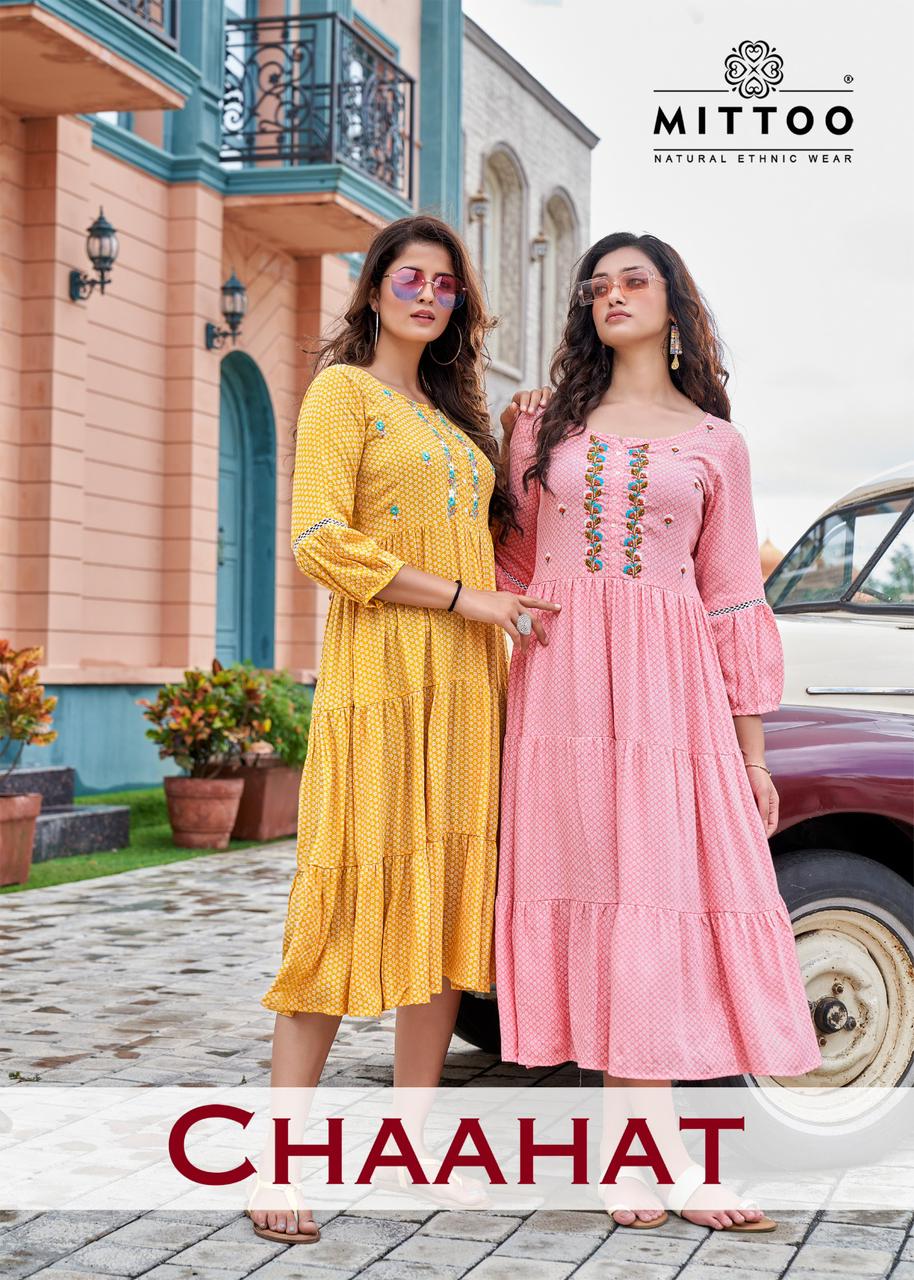 Mittoo Chaahat Rayon Printed Fancy Gown Style Kurtis Wholesaler Surat
