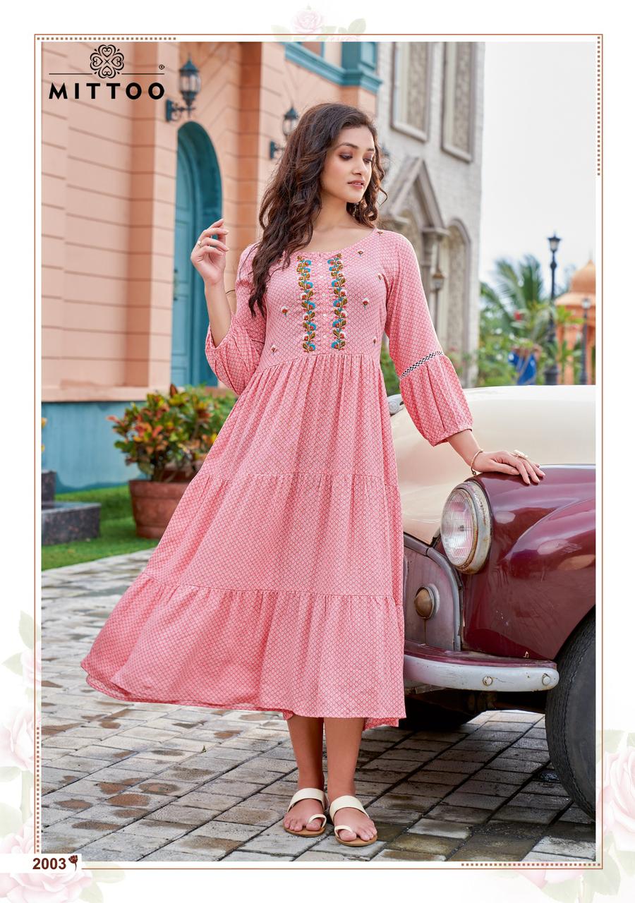 Mittoo Chaahat Rayon Printed Fancy Gown Style Kurtis Wholesaler Surat