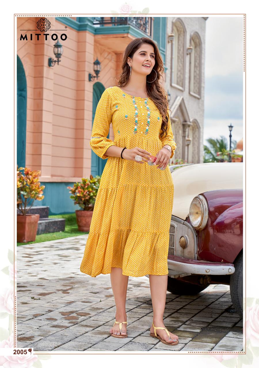 Mittoo Chaahat Rayon Printed Fancy Gown Style Kurtis Wholesaler Surat