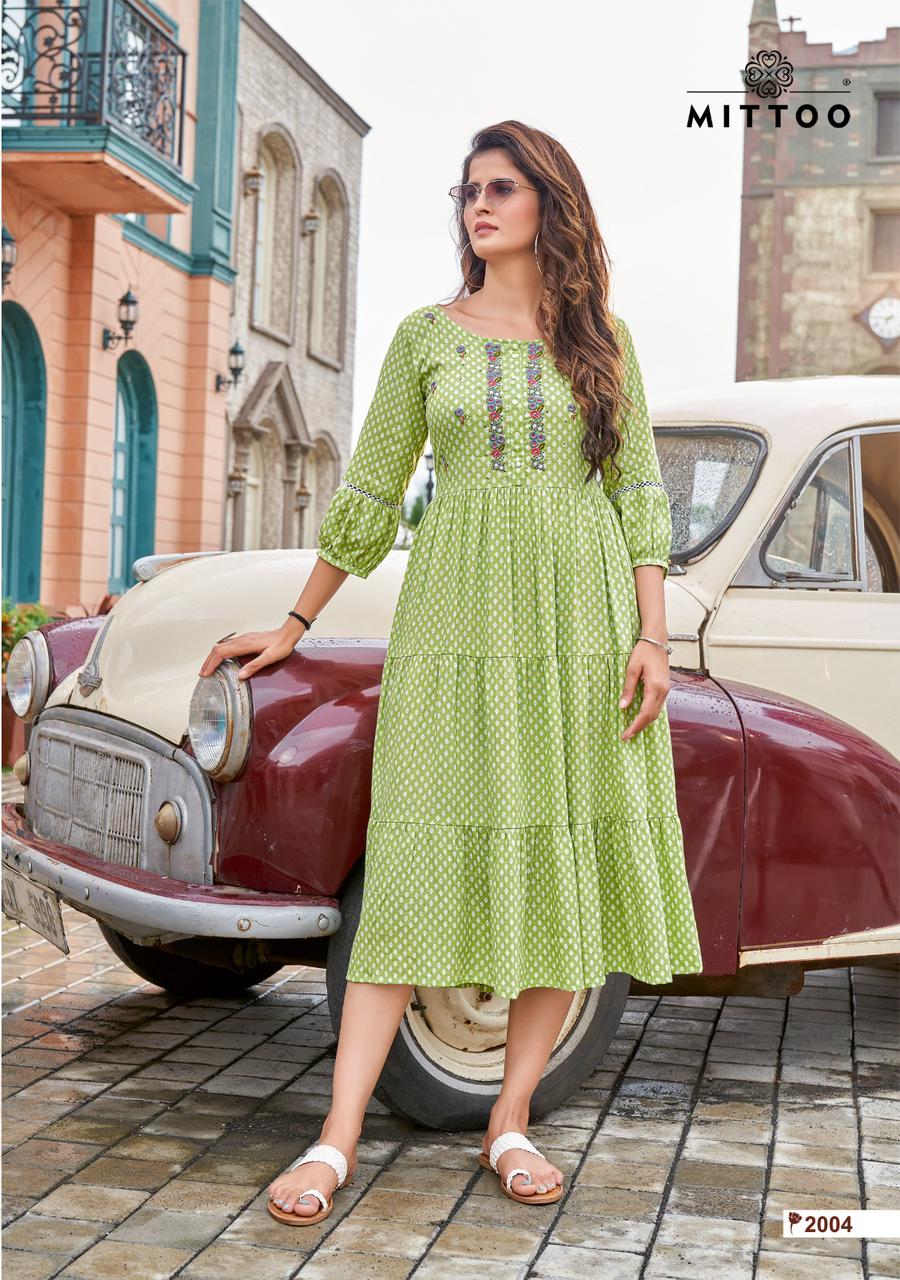 Mittoo Chaahat Rayon Printed Fancy Gown Style Kurtis Wholesaler Surat