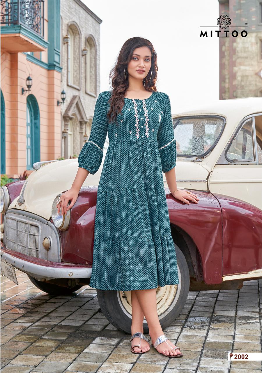 Mittoo Chaahat Rayon Printed Fancy Gown Style Kurtis Wholesaler Surat
