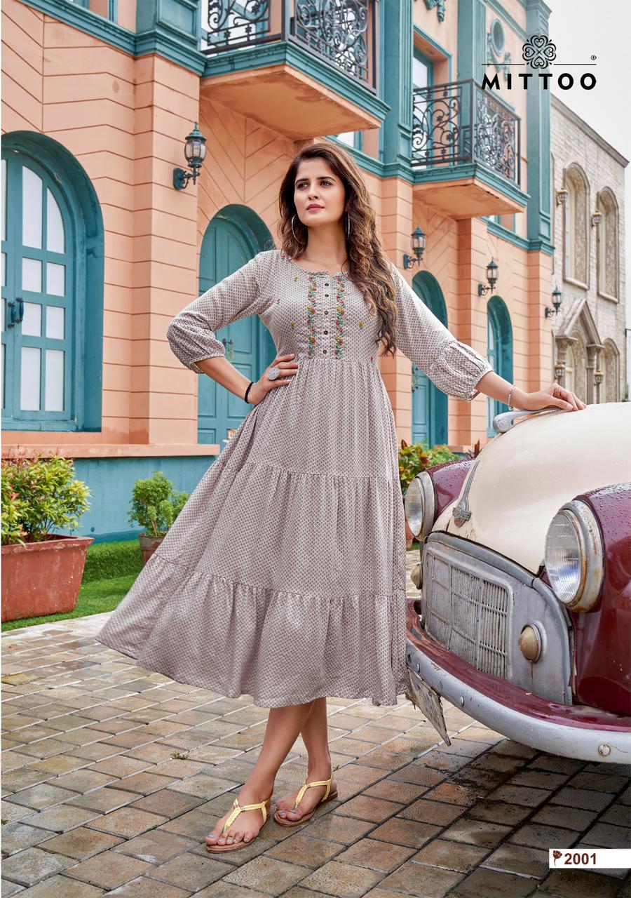 Mittoo Chaahat Rayon Printed Fancy Gown Style Kurtis Wholesaler Surat