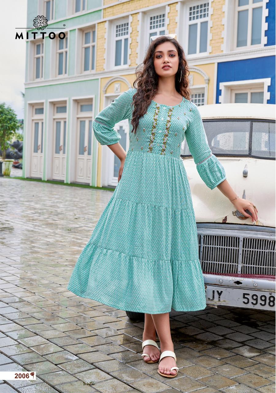 Mittoo Chaahat Rayon Printed Fancy Gown Style Kurtis Wholesaler Surat