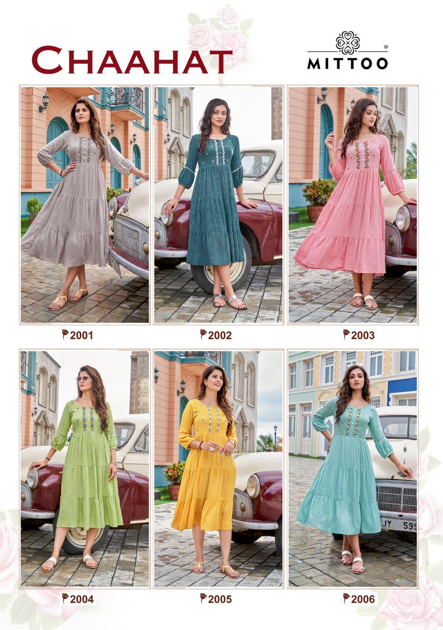 Mittoo Chaahat Rayon Printed Fancy Gown Style Kurtis Wholesaler Surat