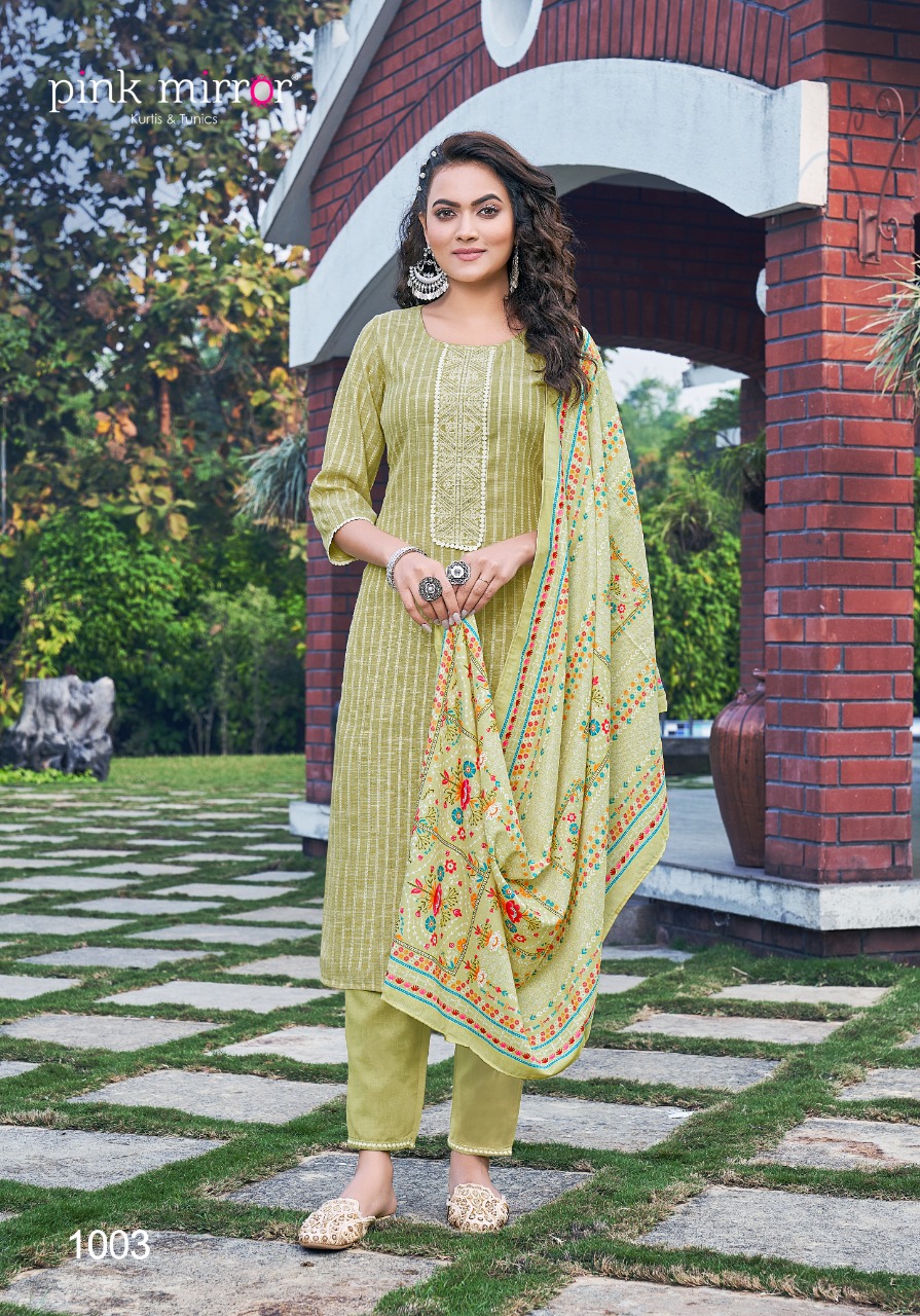 Pink Mirror Feather Viscose Cotton Fancy Embroidery Kurti Combo Set Wholesaler Surat