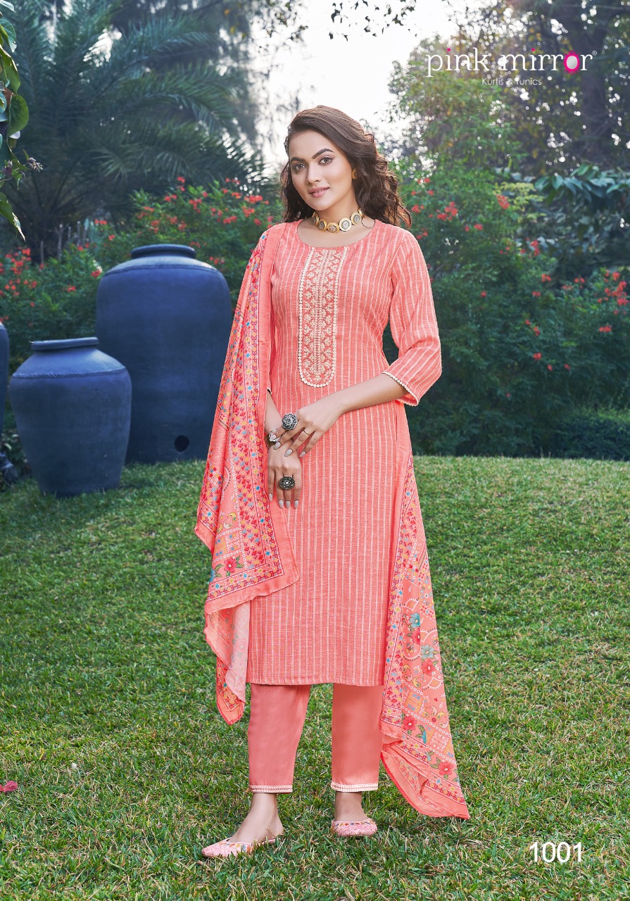 Pink Mirror Feather Viscose Cotton Fancy Embroidery Kurti Combo Set Wholesaler Surat