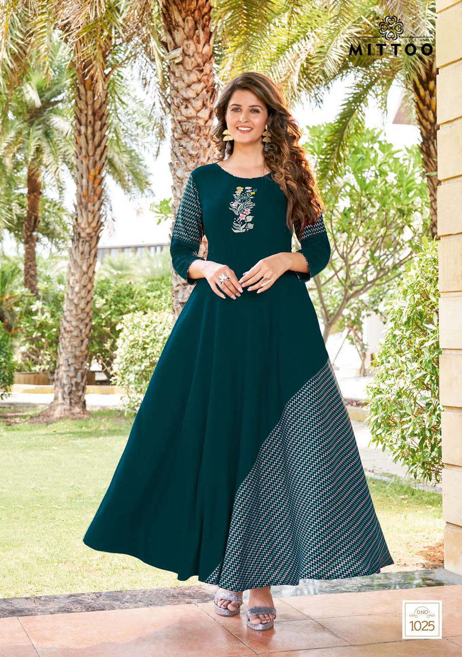 Mittoo Leriya Vol 5 Rayon Print With Fancy Designer Long Kurtis Wholesaler Surat