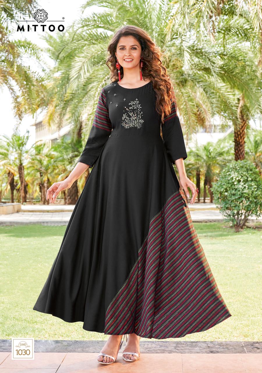 Mittoo Leriya Vol 5 Rayon Print With Fancy Designer Long Kurtis Wholesaler Surat