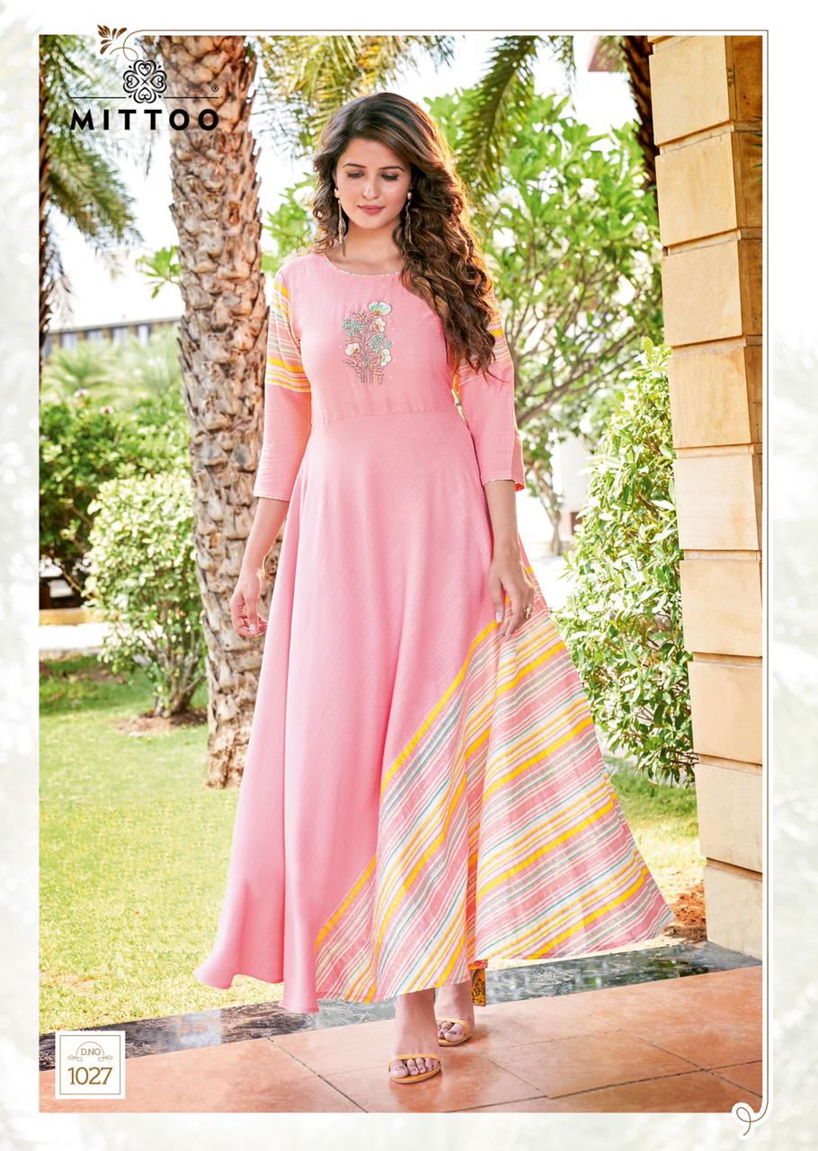 Mittoo Leriya Vol 5 Rayon Print With Fancy Designer Long Kurtis Wholesaler Surat