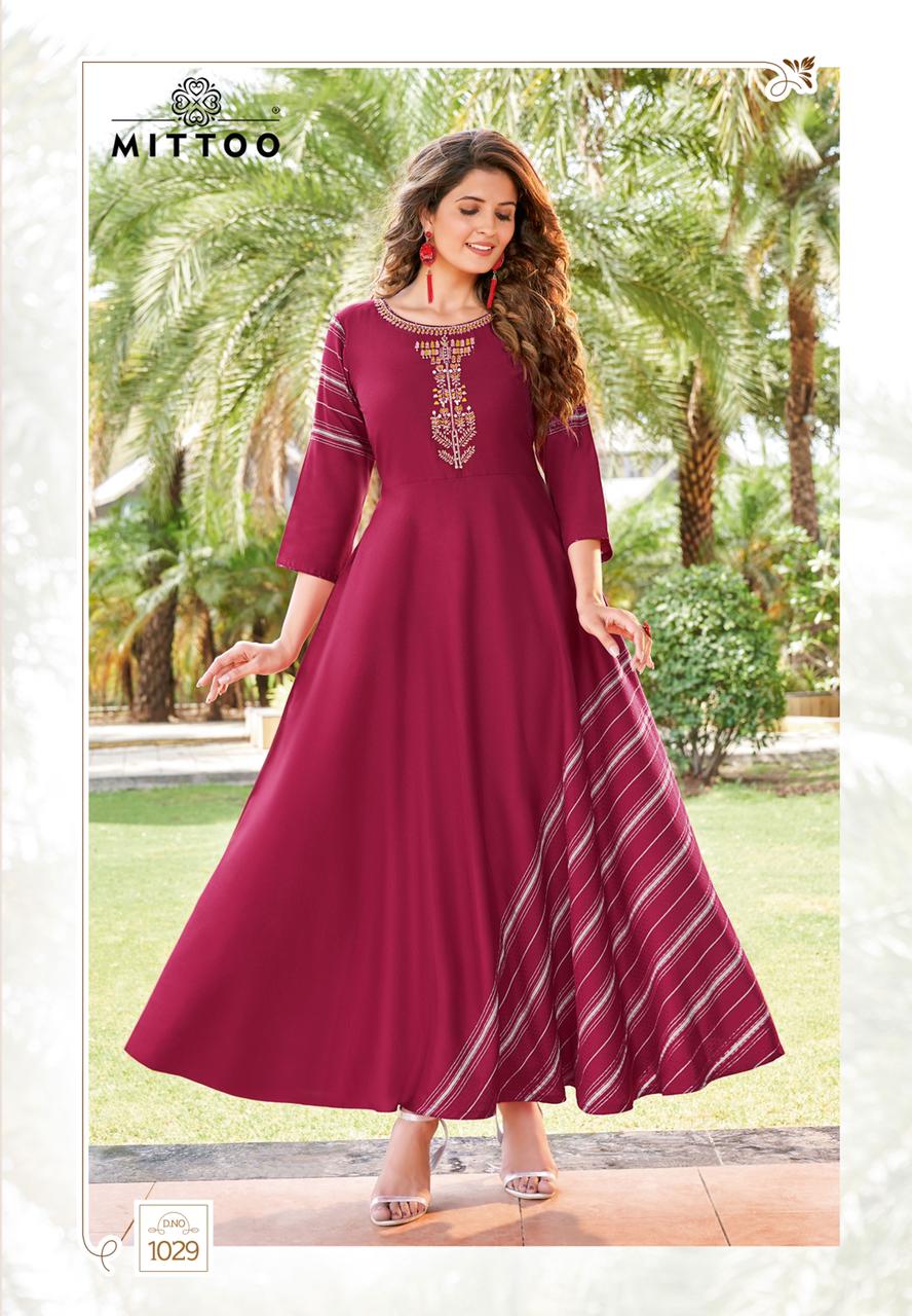 Mittoo Leriya Vol 5 Rayon Print With Fancy Designer Long Kurtis Wholesaler Surat