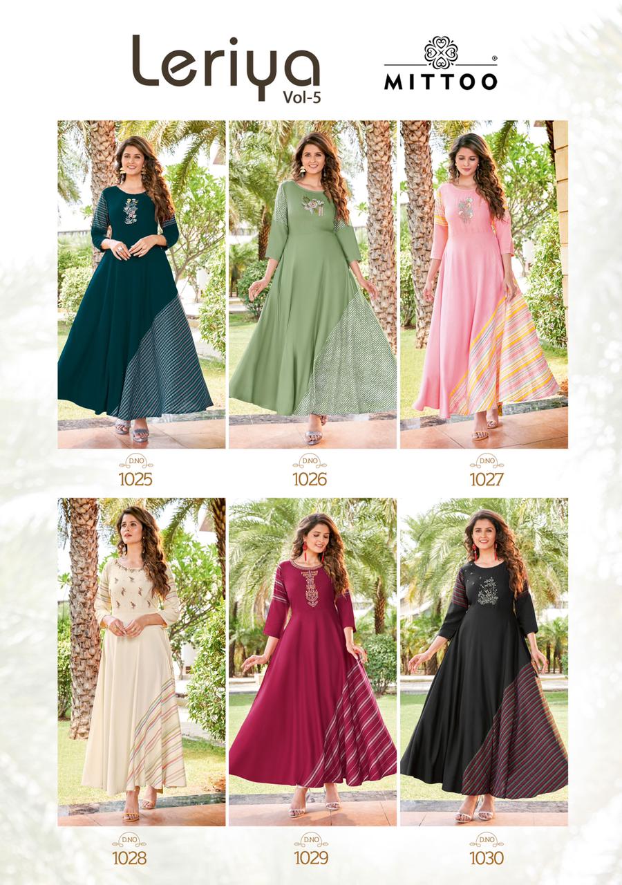 Mittoo Leriya Vol 5 Rayon Print With Fancy Designer Long Kurtis Wholesaler Surat