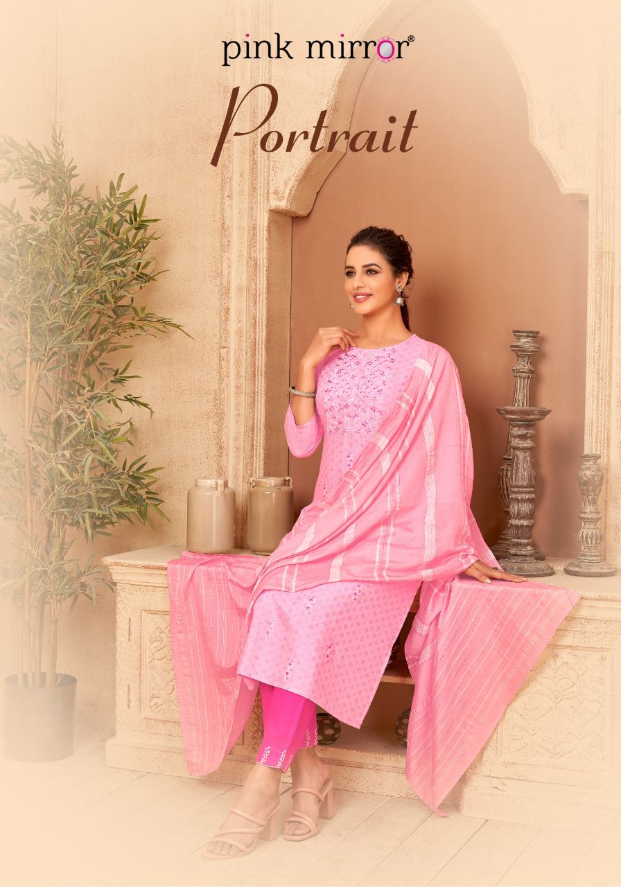Pink Mirror Portrait Viscose Embroidery Kurti Pant & Dupatta Set Wholesaler Surat