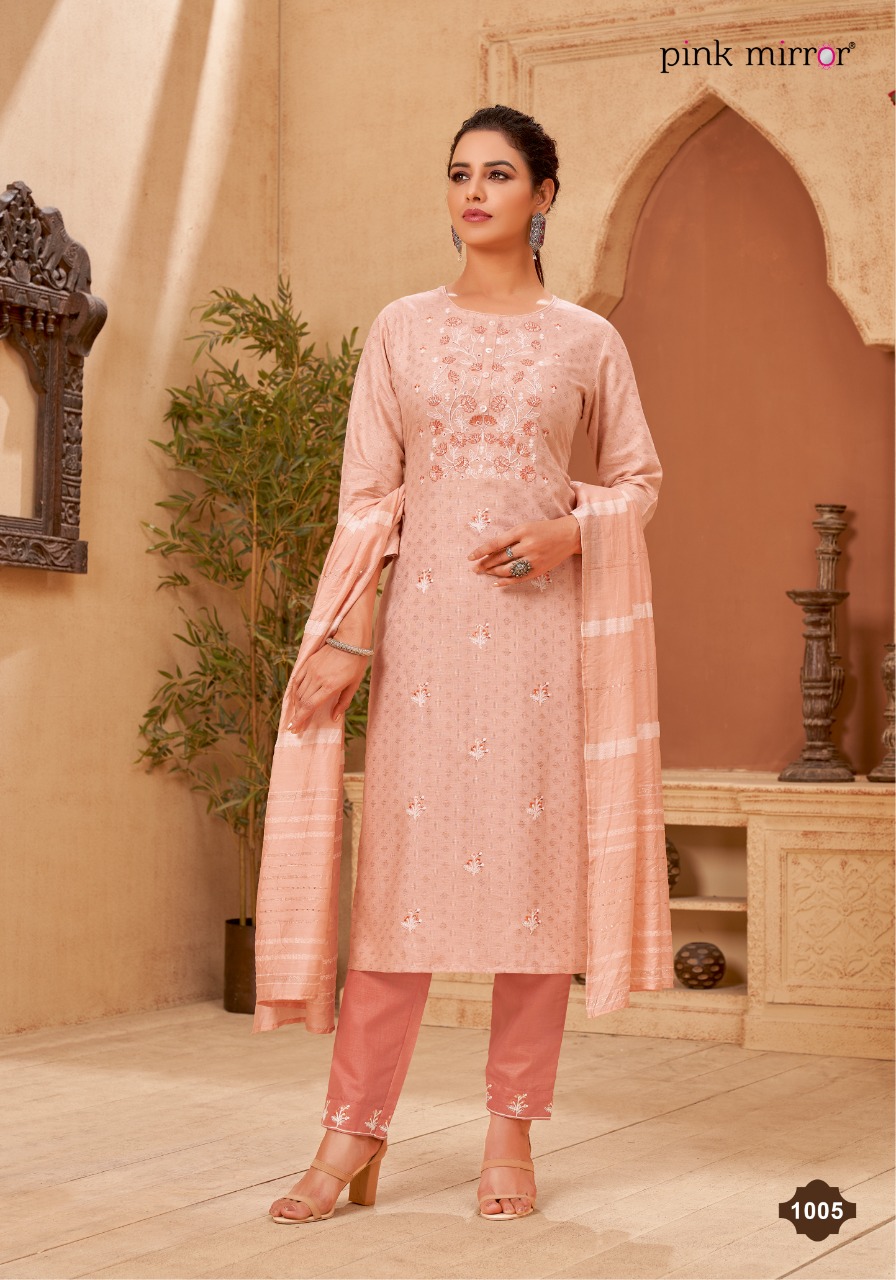 Pink Mirror Portrait Viscose Embroidery Kurti Pant & Dupatta Set Wholesaler Surat