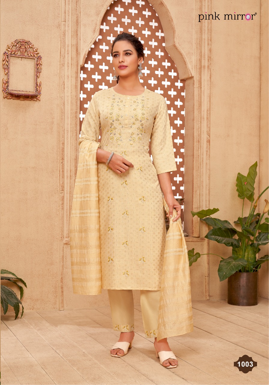 Pink Mirror Portrait Viscose Embroidery Kurti Pant & Dupatta Set Wholesaler Surat