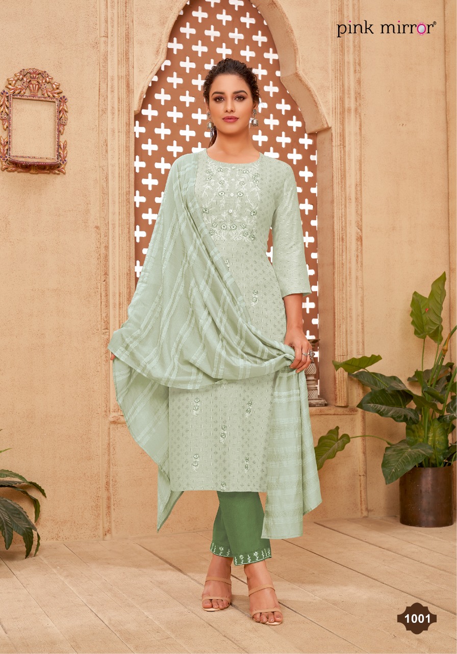 Pink Mirror Portrait Viscose Embroidery Kurti Pant & Dupatta Set Wholesaler Surat
