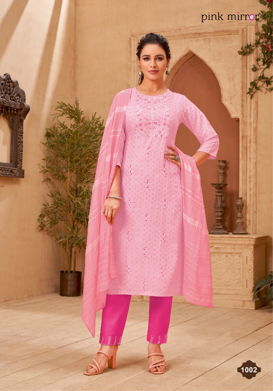 Pink Mirror Portrait Viscose Embroidery Kurti Pant & Dupatta Set Wholesaler Surat