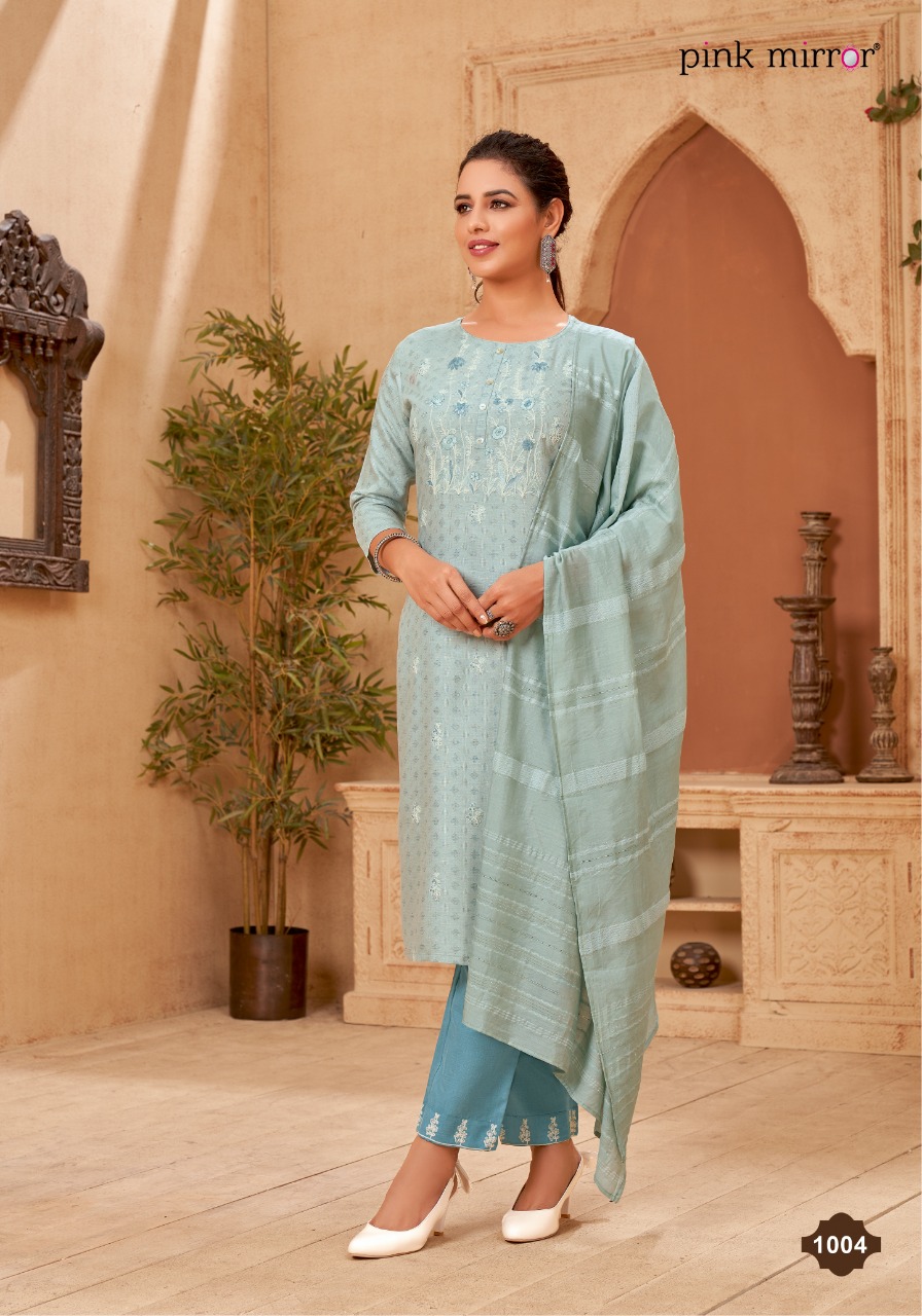 Pink Mirror Portrait Viscose Embroidery Kurti Pant & Dupatta Set Wholesaler Surat