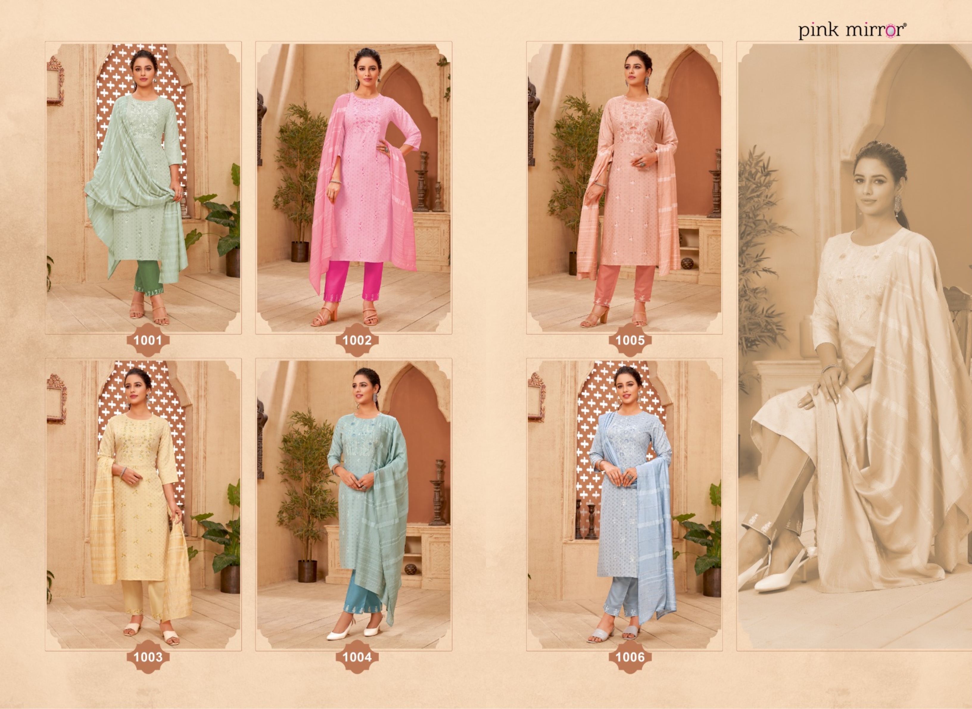 Pink Mirror Portrait Viscose Embroidery Kurti Pant & Dupatta Set Wholesaler Surat