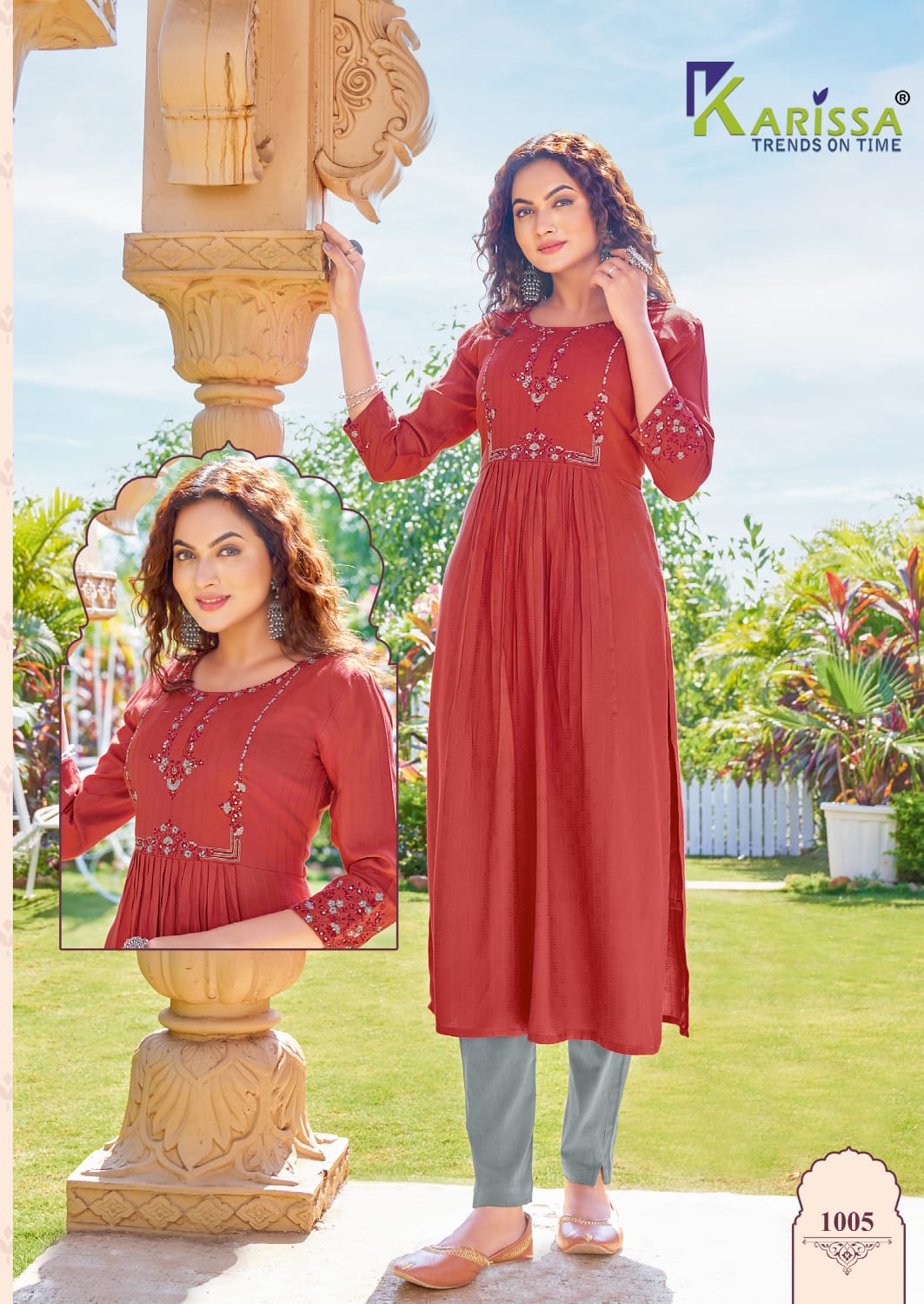 Karissa Vatika Rayon Fancy Designer Nyra Cut Pattern Kurtis Wholesaler Surat