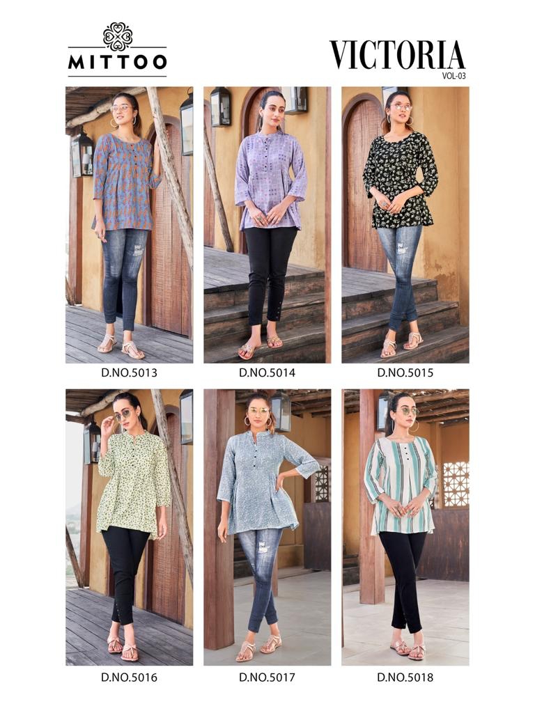 Mittoo Victoria Vol 3 Rayon Print Fancy Casual Wear Tops Wholesaler Surat
