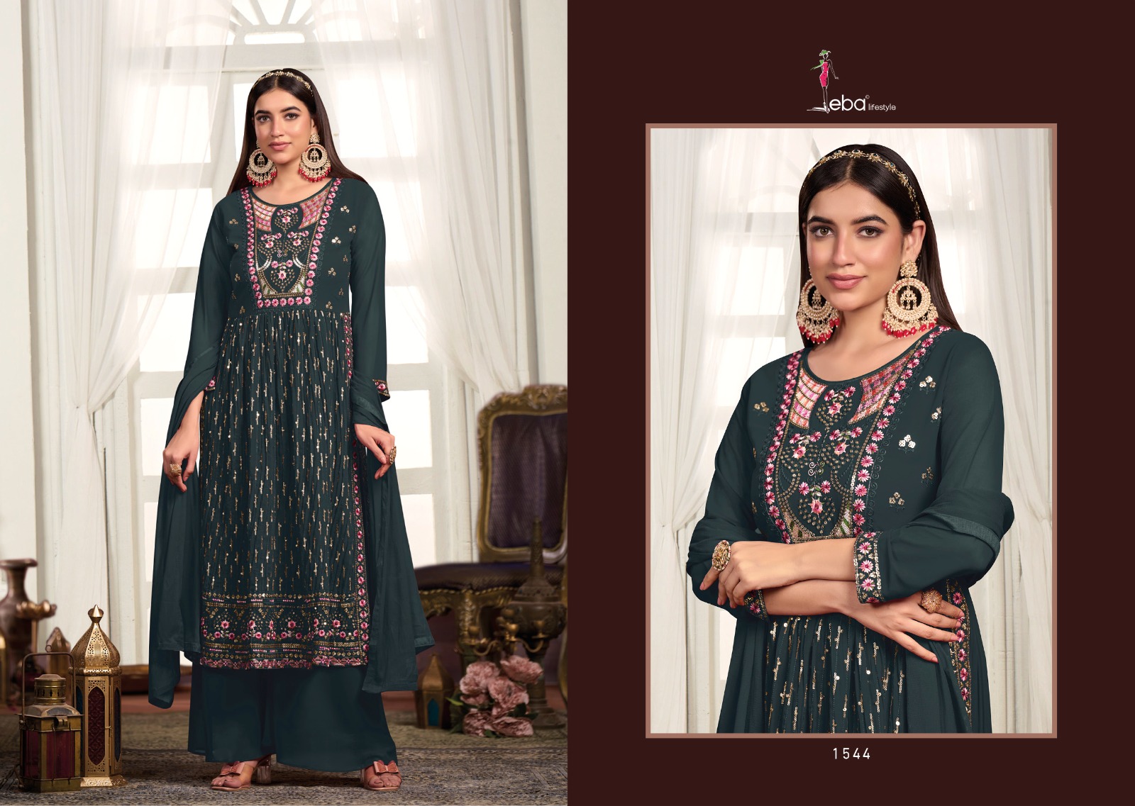 Eba Lifestyle Inayat Blooming Georgette With Embroidery Designer Ready Made Suits Wholesaler Surat