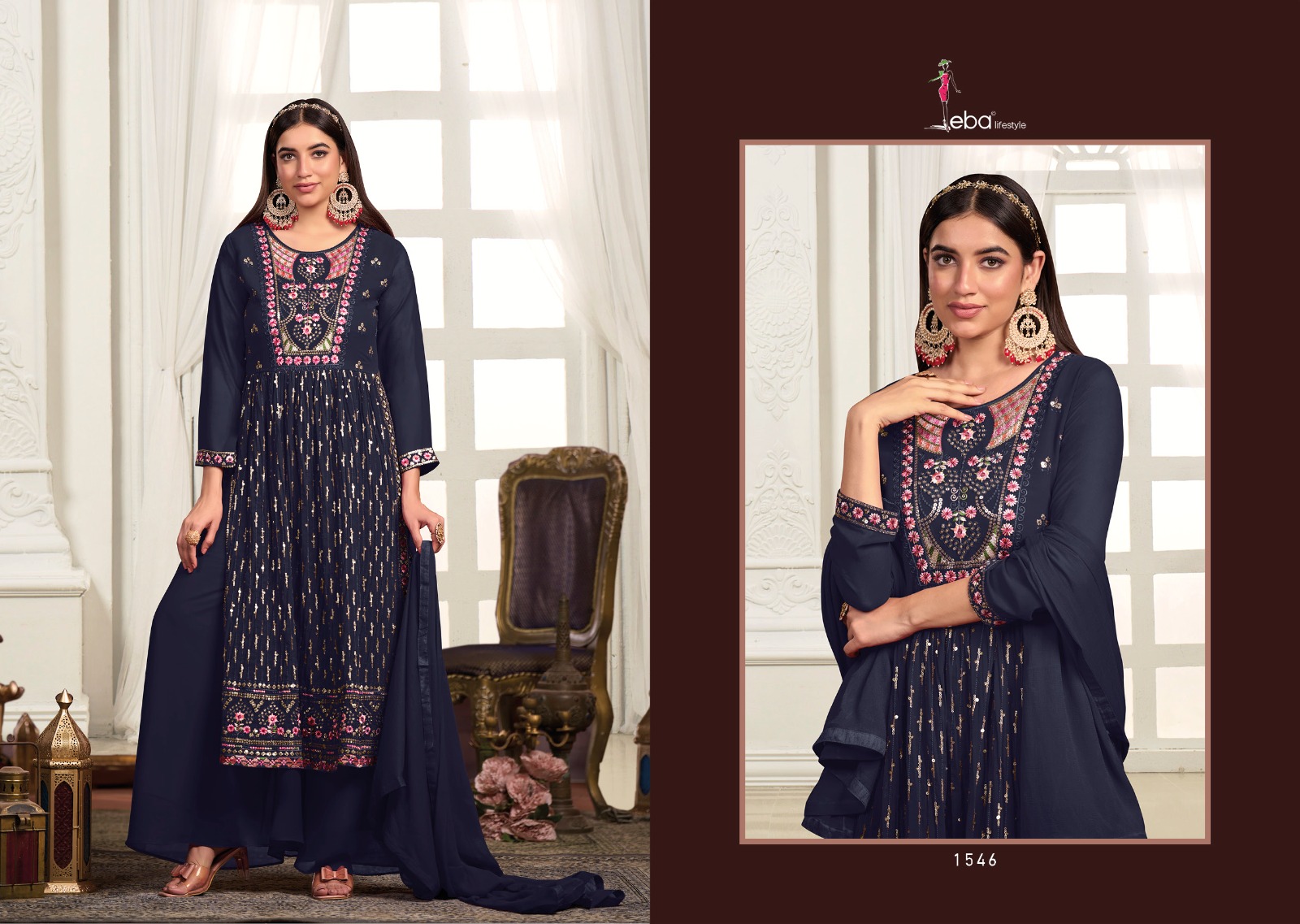Eba Lifestyle Inayat Blooming Georgette With Embroidery Designer Ready Made Suits Wholesaler Surat