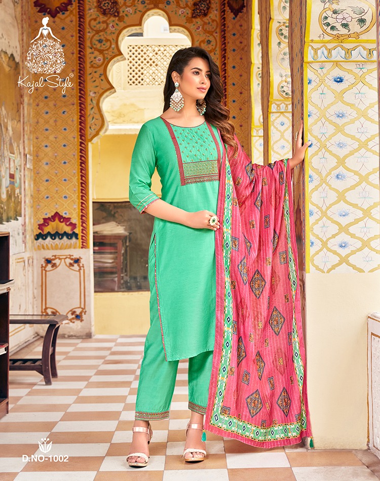 Kajal Style Ambarasiya Vol 1 Chanderi Silk Straight Kurti With Pant & Dupatta Collection Wholesaler Surat