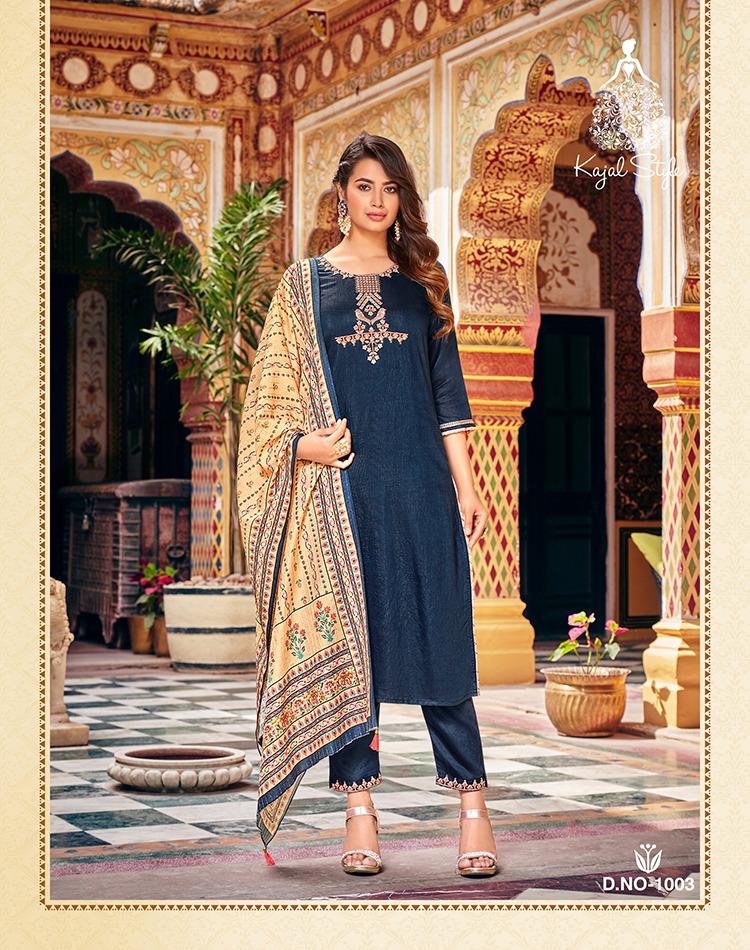 Kajal Style Ambarasiya Vol 1 Chanderi Silk Straight Kurti With Pant & Dupatta Collection Wholesaler Surat