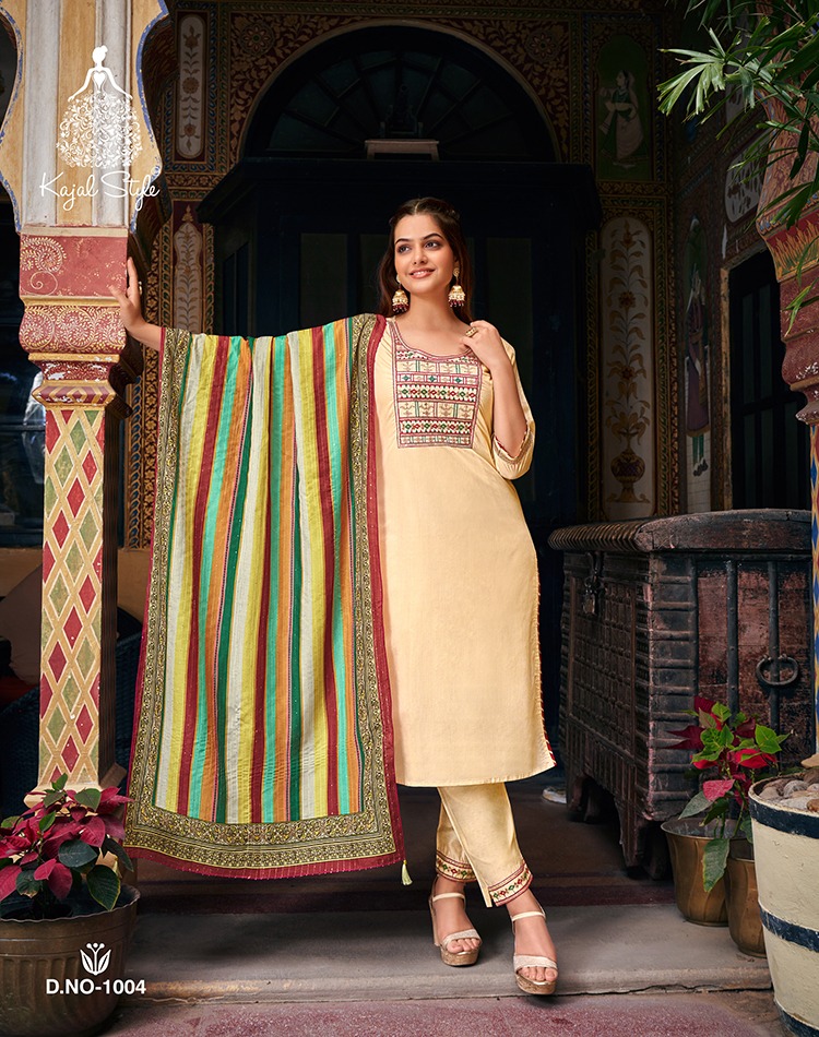 Kajal Style Ambarasiya Vol 1 Chanderi Silk Straight Kurti With Pant & Dupatta Collection Wholesaler Surat