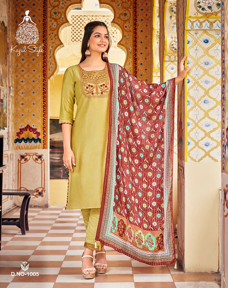 Kajal Style Ambarasiya Vol 1 Chanderi Silk Straight Kurti With Pant & Dupatta Collection Wholesaler Surat
