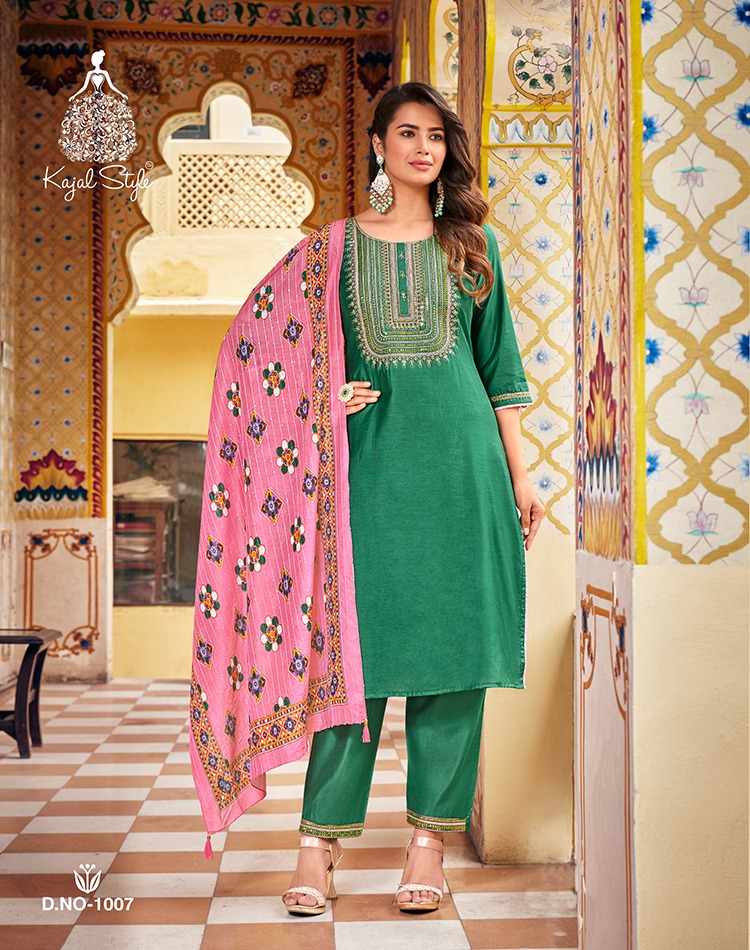 Kajal Style Ambarasiya Vol 1 Chanderi Silk Straight Kurti With Pant & Dupatta Collection Wholesaler Surat